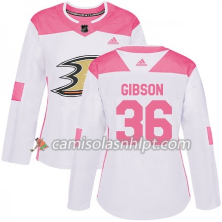 Camisola Anaheim Ducks John Gibson 36 Adidas 2017-2018 Branco Rosa Fashion Authentic - Mulher